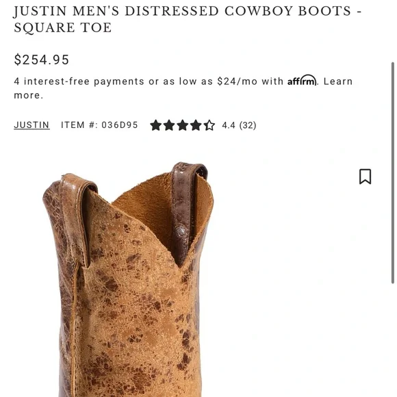 JUSTIN MEN'S DISTRESSED COWBOY BOOTS - SQUARE TOE - Picture 3 of 5